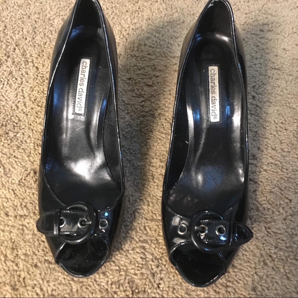 Black shiny peekaboo shoes